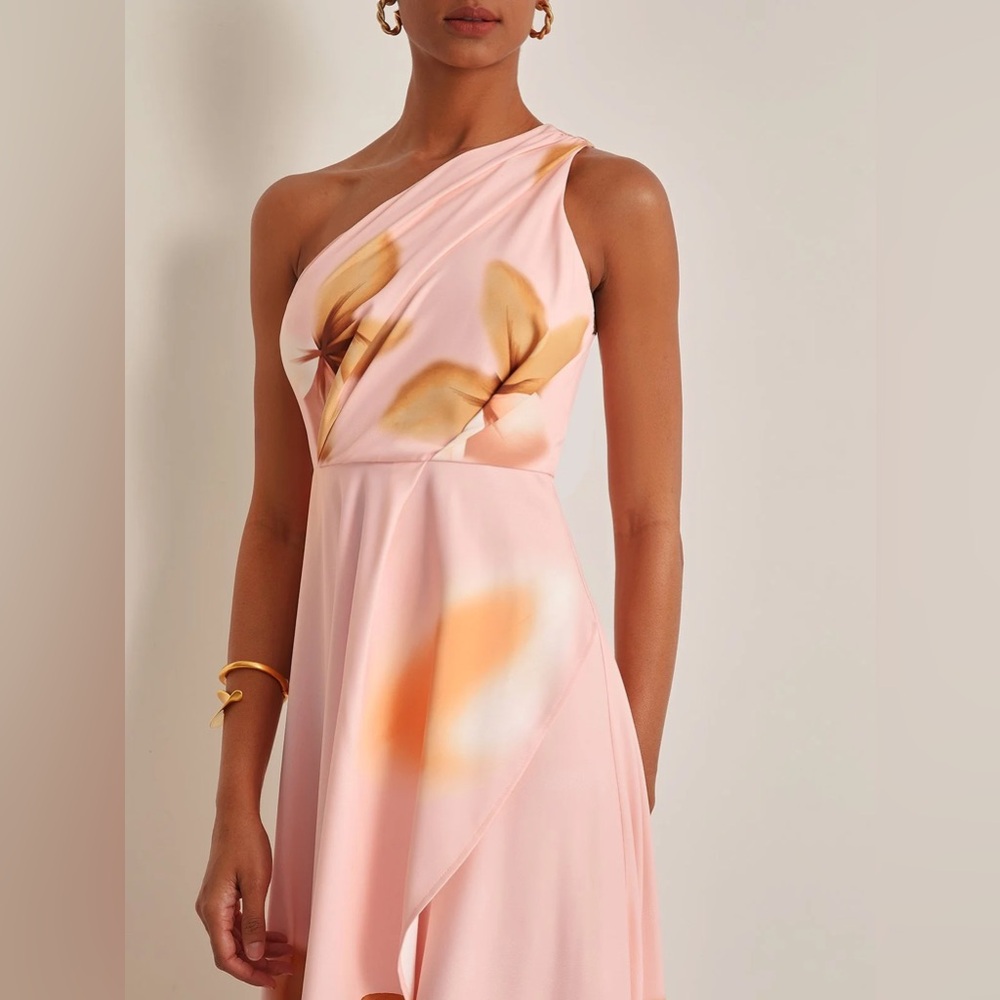 Fehaute Orange Pink Floral One-Shoulder Slit A-Line Gown